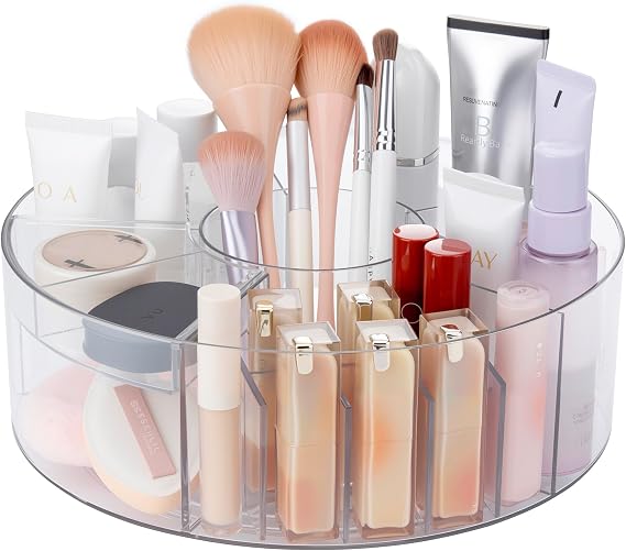 Lonian 360 Rotating Makeup Organizer, Adjustable Acrylic Cosmetic Storage, Cosmetic Organisers and Spinning Makeup Stand for Beauty Skincare