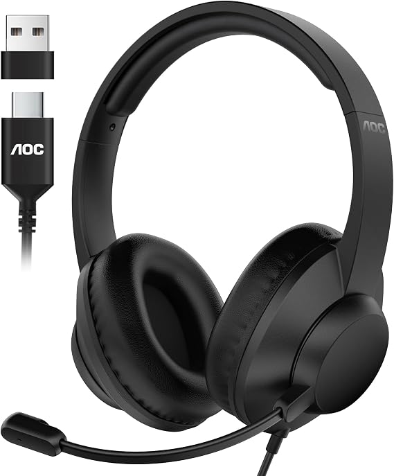AOC USB Headset with Microphone for PC, Over-Ear Wired Headphones with Mic, Noise-Cancelling Boom, 40mm Audio Drivers, USB-A/C Compatibility for Office, Call Centers & Online Meetings (Black) | Noise Cancelling Mic, USB-A/C Compatible, 40mm Audio Drivers, Comfortable Over-Ear Design, Ideal for Office & Online Meetings