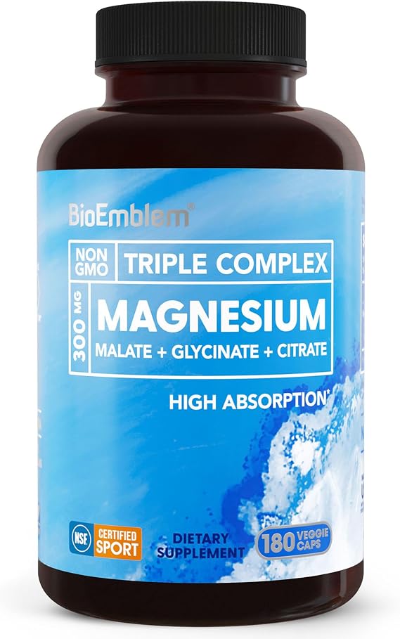 BioEmblem Triple Magnesium Complex | 300mg of Magnesium Glycinate, Malate, Citrate for Muscles, Nerves, Energy | High Absorption | Vegan, Non-GMO (180 Capsules) | Healthy Sleep Support, Magnesium Glycinate, Malate & Citrate, NSF & Labdoor Certified, High Absorption, Vegan, Non-GMO