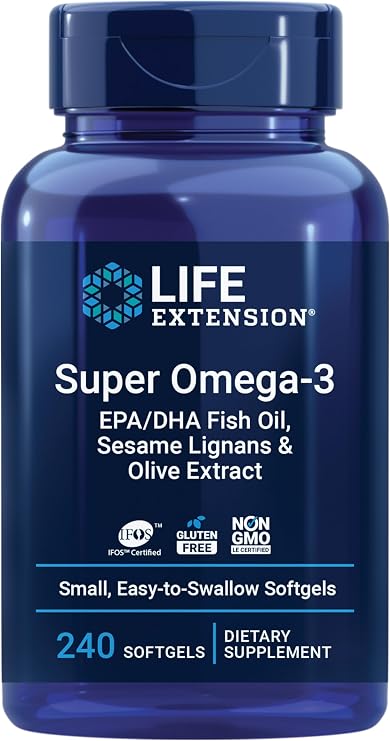 Life Extension Super Omega-3 EPA/DHA Fish Oil, Sesame Lignans & Olive Extract Heart Health, Brain Health, Inflammation Health Support, Gluten-Free, Easy to Swallow, Non-GMO, 240 Softgels