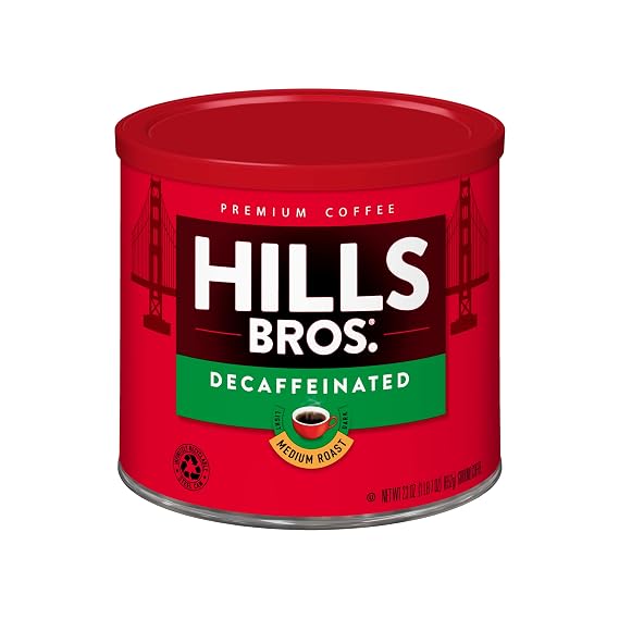 Hills Bros. Decaffeinated Ground Coffee Premium Arabica Coffee Beans Medium Roast, Rich Flavor Cup After Cup Recyclable Steel Can for Freshness Certified Kosher 23 OZ Can