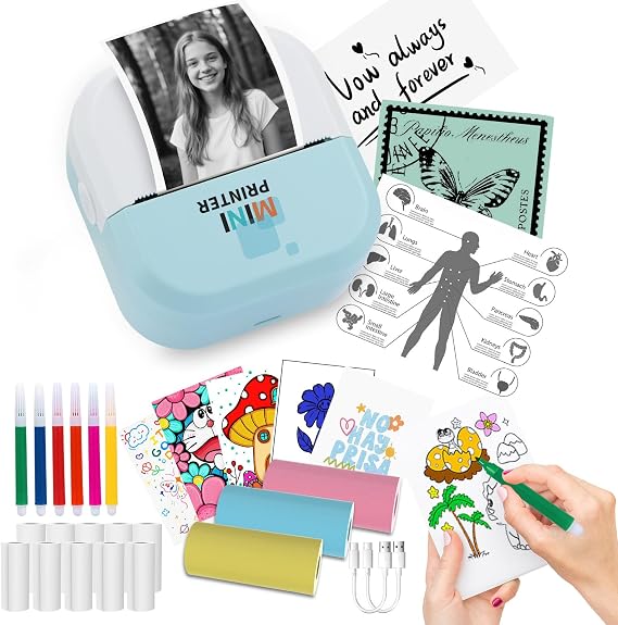 AOMEES Mini Label Printer Bluetooth Sticker Maker | with 13 Rolls Printing Paper Compatible with Android/iOS APP Thermal Printer for Study Notes, DIY Gifts, School Office Home