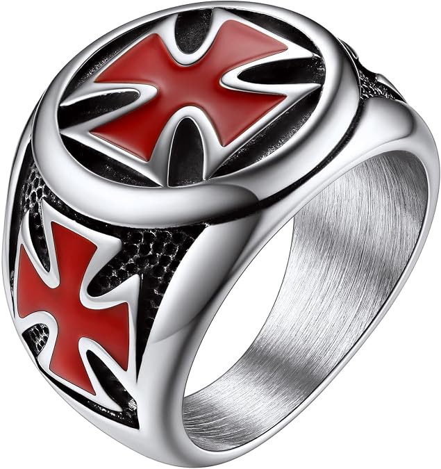 FaithHeart Mens Stainless Steel Crusader Jerusalem Cross Ring with 18K Gold Plated Two Tone Ring Size 7,8,9,10,11,12