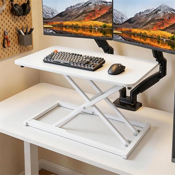 Ergonomic Sit-Stand Desk Converter, Adjustable Height Laptop Standing Riser, X-Frame Standing Desk Converter for Work from Home, Office Use (White)