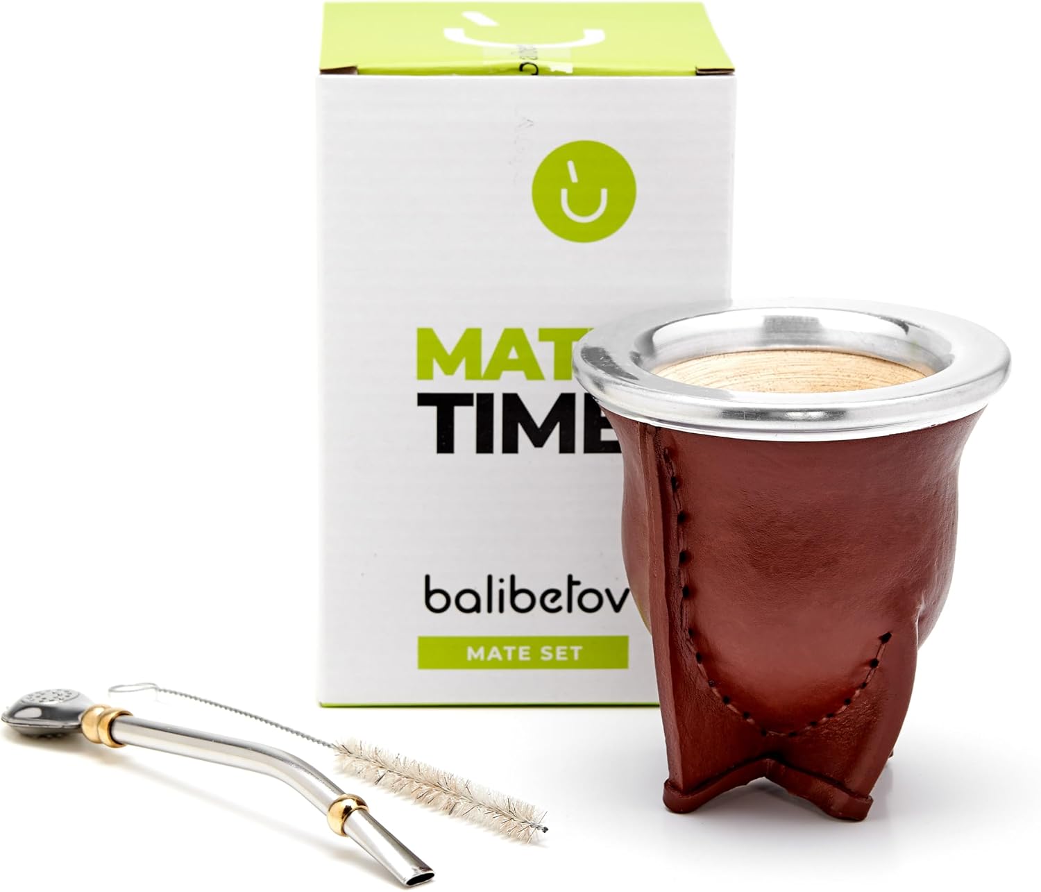 BALIBETOV Leather Wrapped Handmade Yerba Mate Gourd Mate cup with Bombilla Yerba Mate straw Brown 01