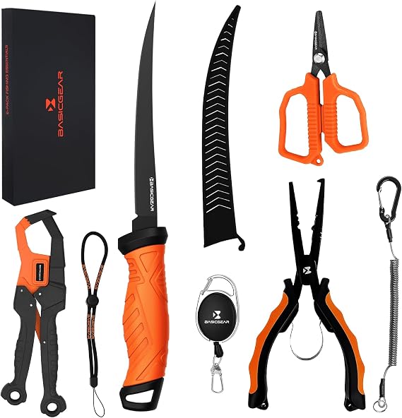 BasicGear Fishing Tool Kit, Pliers, Gripper, Scissors, Knife