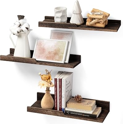 Rebee Vision Rustic Floating Shelves Set of 3 : Farmhouse Wood Bathroom Decor Wall Mounted for Display Storage and Small Hanging Shelf for Bedroom, Laundry Room, Kitchen, Office Carbonized Brown