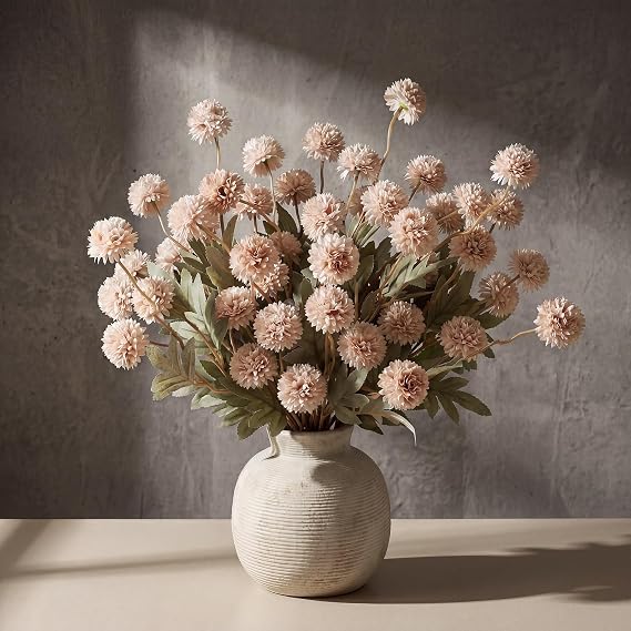 CEWOR 10 Pcs Faux Silk Pompon Mum Artificial Flowers for Vase, Bulk Fake Chrysanth Branches with Stems for DIY Bouquet Centerpieces Decor Wedding Floral Arrangements (Beige)