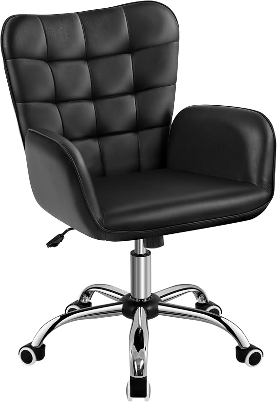 Yaheetech Tufted Black Faux Leather Swivel Vanity Desk Chair with Armrests