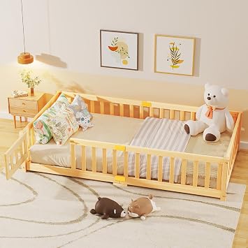 Twin Toddler Floor Bed, Montessori Floor Bed with Rails & Lockable Door, Twin Size Kid Beds for Toddlers 1-3 Years Old - Natural Wood