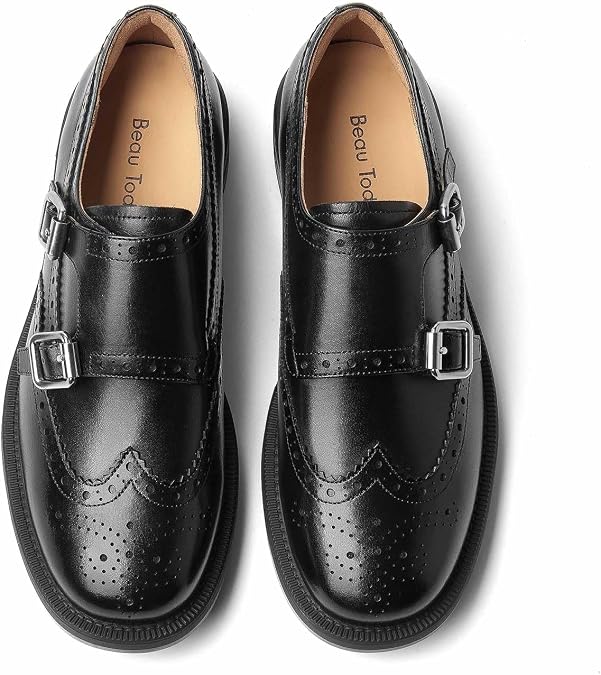 BEAU TODAY Monk Strap Loafers, Womens Leather Loafers, Cap Toe Slip-Ons Waxed Calfskin Loafer Flats for Business Casual Dress Women Shoes