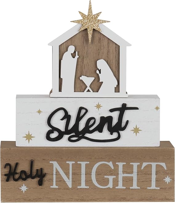 Nativity Sets for Christmas Indoor, MEETYAMOR Large Size 3-Layered Nativity Scene Wooden Block Silent Night Holy Night Sign Decor,Christmas Decorations Indoor for Home, Mantle, Table