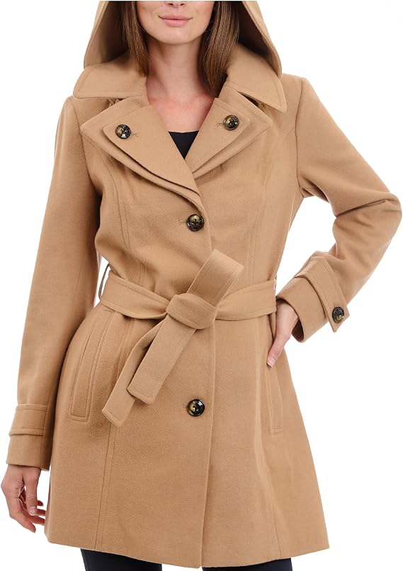 LONDON FOG womens Double Lapel Thigh Length Button Front Wool Coat With Belt