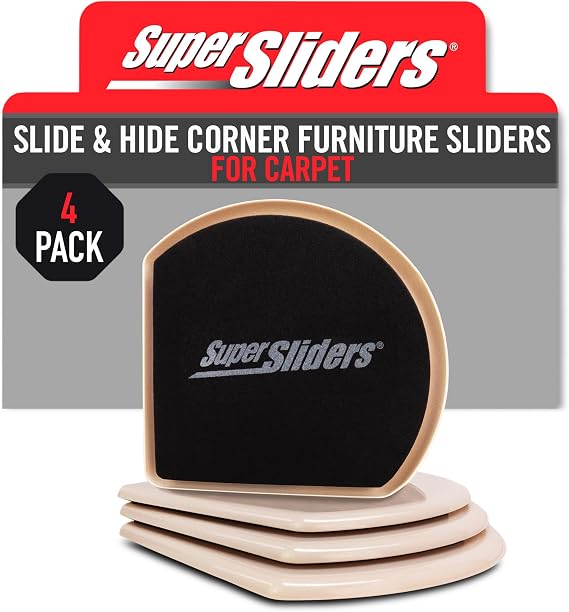 Super Sliders 5" Slide & Hide Corner Reusable Furniture Sliders for Carpet, Anti-Slip Protective Furniture Moving Pads for Beds, Sofas, Dressers, Set of 4, Beige