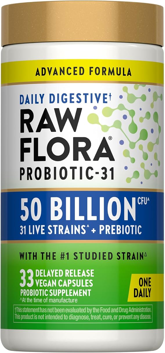 Raw Flora Probiotics with Prebiotics | 50 Billion CFU | 33 Daily Digestive Capsules | Vegan, Non-GMO & Gluten Free Supplement for Women and Men