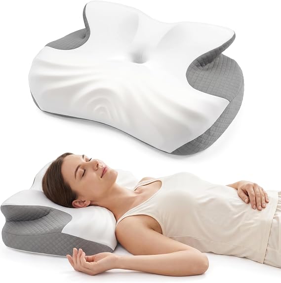 Low Profile Cervical Pillow for Neck Pain Relief, Orthopedic Memory Foam Pillow with Dual Height 4.3" & 5.1" Loft, Cooling Butterfly Contour with Arm Rest for Side and Back Sleepers