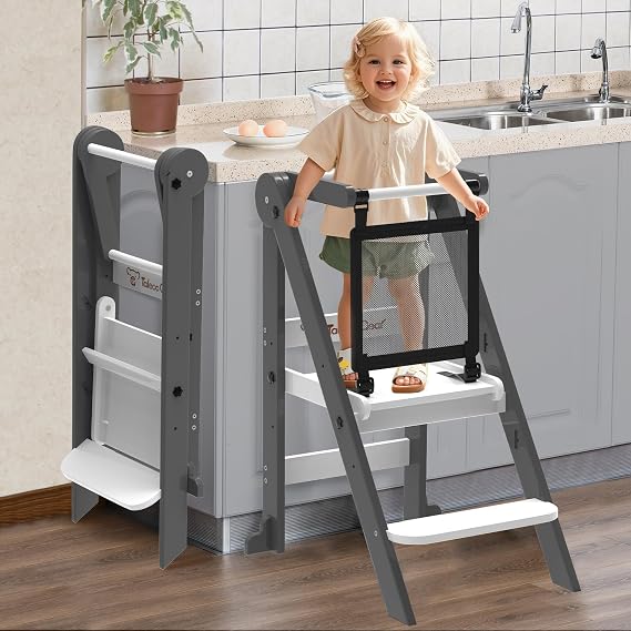 Foldable Toddler Tower, 3 Adjustable Height, Toddler Kitchen Stool Helper | Wooden Standing Tower with Safety Net ,Safety Feet,for Kitchen, Bathroom, Study Room,Offer Customer Service