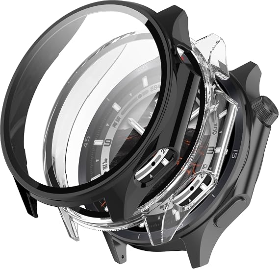 KZIOACSH Case with Tempered Glass for OnePlus Watch 3 47mm/Oppo Watch X2, 2 Pack All Around Hard PC Protective Case Ultra-Thin Anti-Scratch Shockproof Overall Screen Protector Tough Shell,Black+Clear