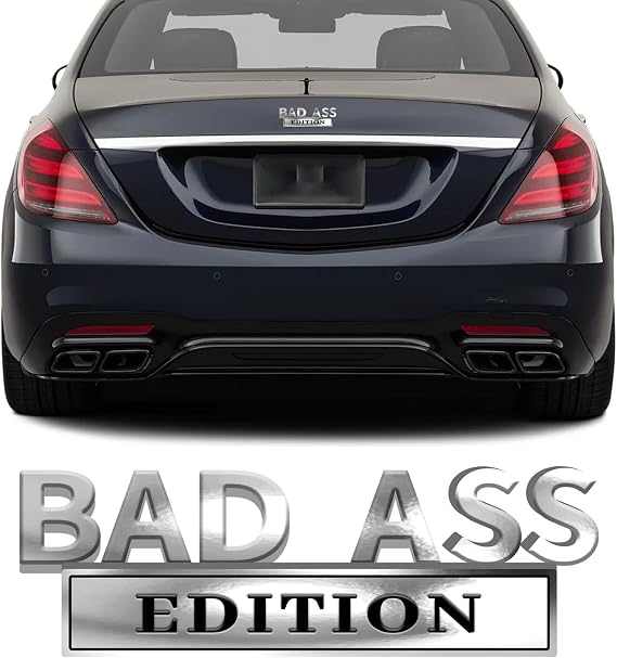 1 PC Car Bad Ass Fender Badge Decal, 3D Zinc Alloy Three-Dimensional Tailgate Front Grille Hood Decal with 3M Adhesive, Retrofit Decorative Accessories for Most Car Models (Silver & Black)