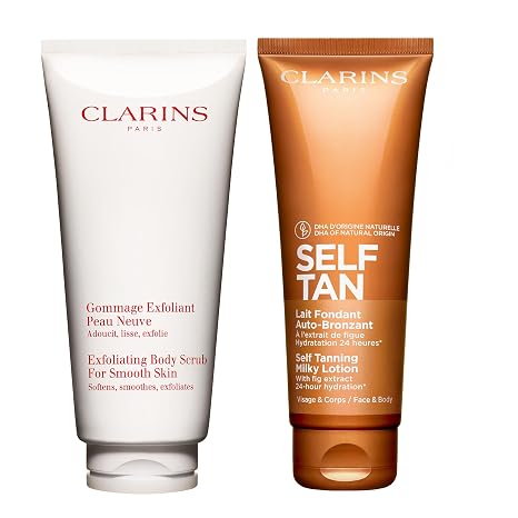 Clarins Self Tanning Milky Lotion and Exfoliating Body Scrub for Smooth Skin Bundle | Self Tanner for Face and Body | Buildable Tan | Softening and Smoothing Body Scrub | All Skin Types
