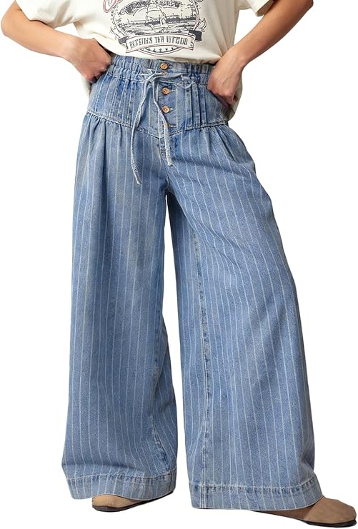CHARTOU Women's Baggy Wide Leg Denim Pants Drawstring Midi Waisted Flare Jeans Ruffle Pleated Button Jeans