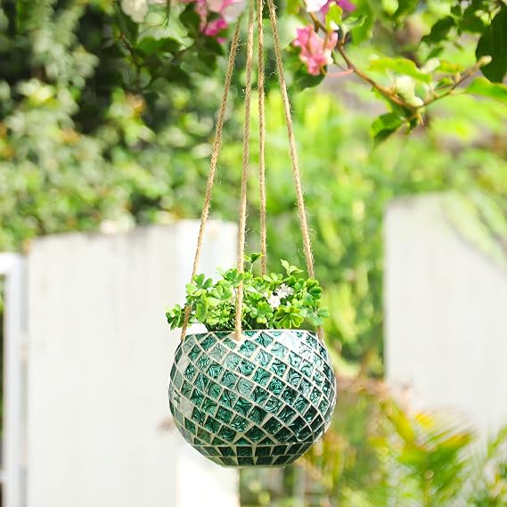 Hanging Planter Mosaic Garden Pot Small Flower Pot for Indoor Plant Disco Ball Hanging Planter with Drainage Green