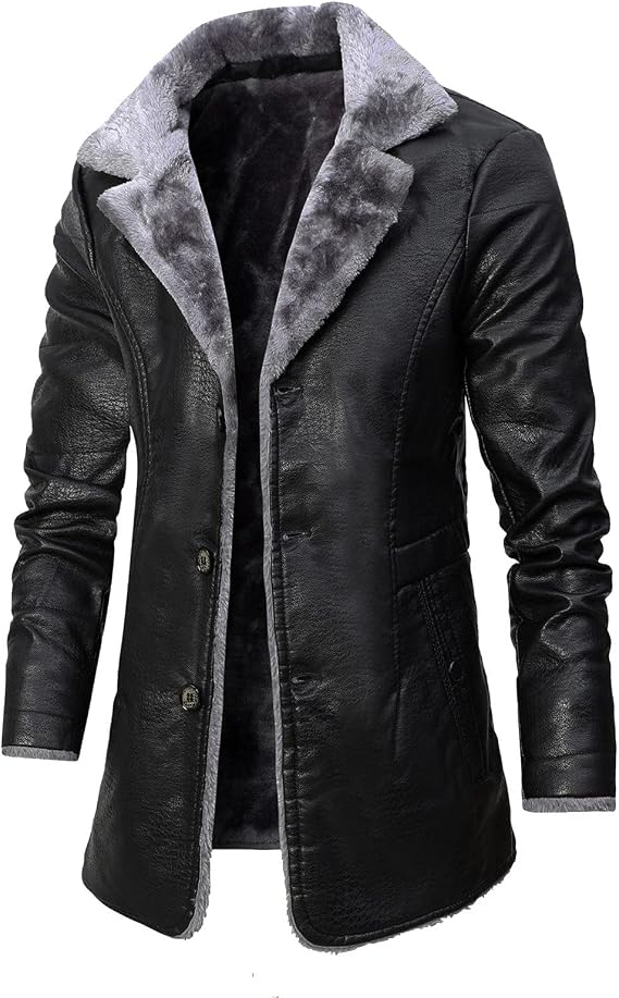 QWENTMTNTY Mens Faux Fur Lined Leather Jackets Winter Shearling Sherpa Jacket Notched Lapel Casual Warm Trench Coat Overcoat