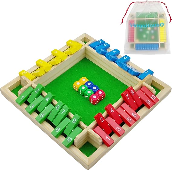 Shut the Box Game for 4 Players, Wooden Table Game Family Travel Game | Traditional Pub Dice Games for Adults, Educational Table Dice Board Game Gifts for Kids Age 3 4 5 6 + [Multicolors]