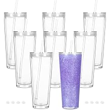 Cosictic 24 OZ Reusable Acrylic Snow Globe Tumbler with Pre Drilled Hole, Plastic Double Wall Snowglobe Tumbler with Clear Lid and Straw, （8 Pack）