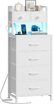 REAHOME 41 Inch Tall Nightstand with Charging Station, LED Night Stand with 6 Fabric Drawers, Bed Side Table with 3-Tier Wood Storage Shelves for Bedroom, Office, Small Spaces, White