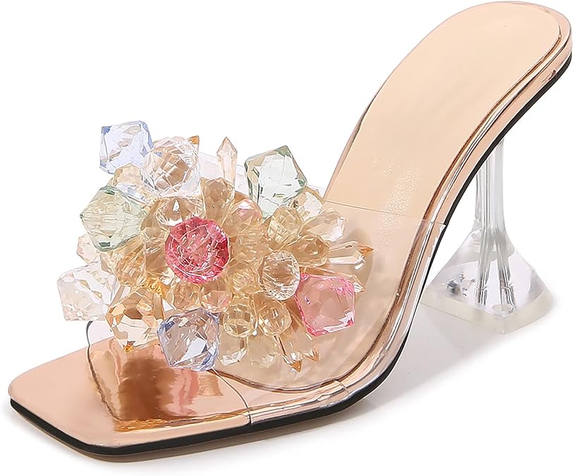 fereshte Women's Clear Mule Heels with Colorful Crystal, Transparent PVC Upper, Lucite Block Heel, Open Toe Slide Sandals