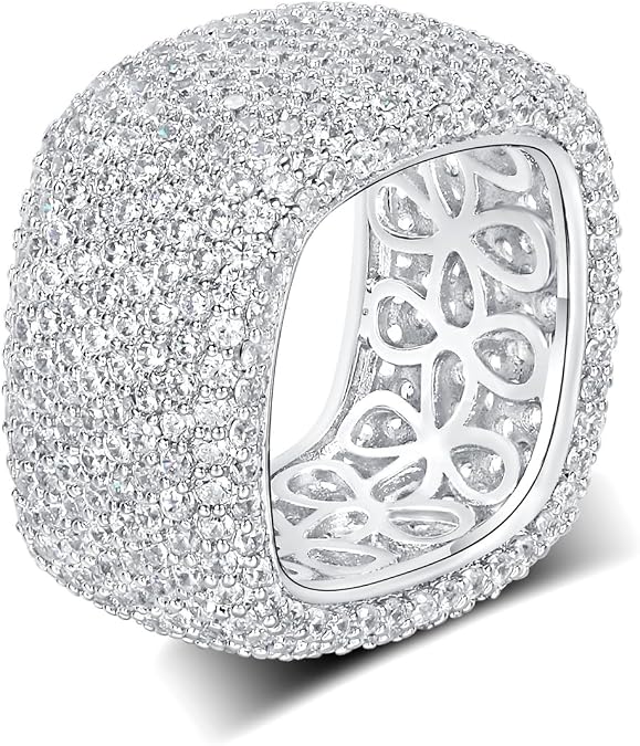 MDFUN 18K White Gold Plated Iced Out Engagement Promise Wedding Eternity Square Ring for Women Men, Sparkling Cubic Zirconia Rings 13.5mm Width Size 5-10.5