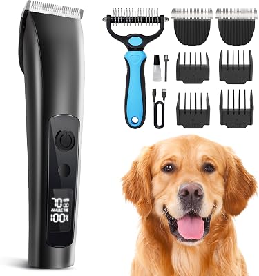 Dog Clippers for Grooming Thick Hair with Undercoat Rake, Low Noise Cordless Dog Grooming Kit with 2 Replacement Blade, Rechargeable Cat Shaver Timmer for Pets