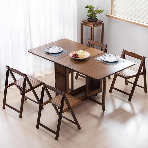 Foldable Dining Table Multifunctional Extendable Kitchen Desk Rectangular Table with 4 Chairs Simple Dining Table Mobile Table and Chair Set for Small Space (Wood Color)