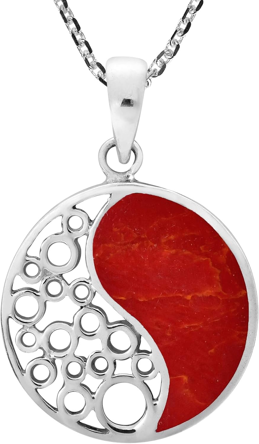 AeraVida Sacred Balance Yin and Yang Reconstructed Red Coral Inlay .925 Sterling Silver Pendant Necklace | Yin and Yang Red Coral Necklace