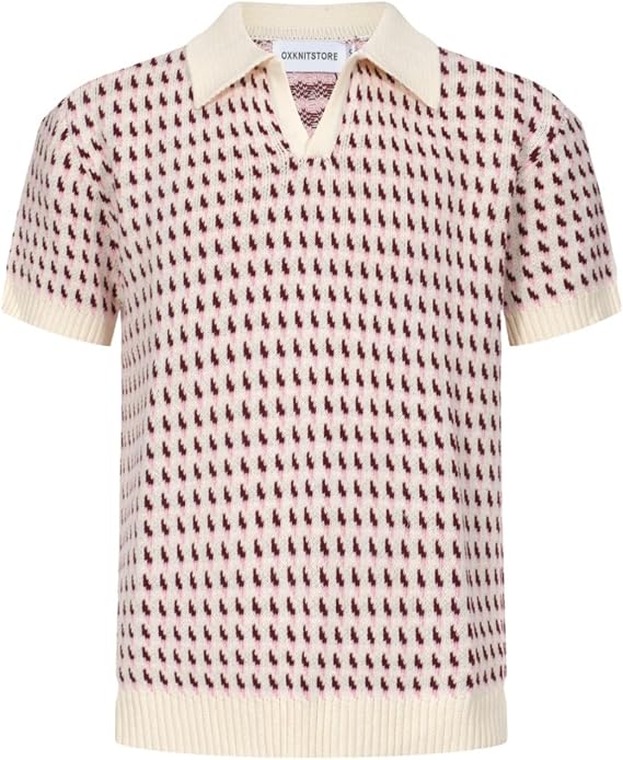 OXKNIT Mens Knit Polo Jacquard Panel Shirt Short Sleeve Retro Textured Vintage Polo Shirt V-Neck