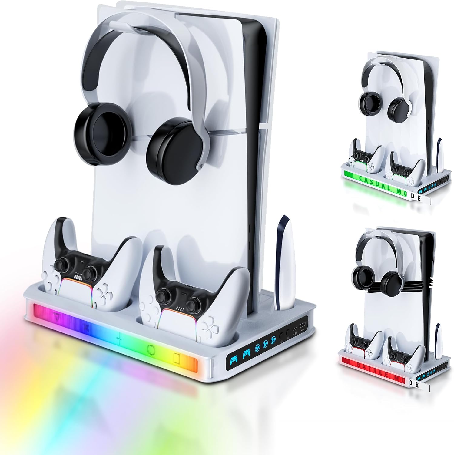PS5ProSlim Stand Disc & Digital Console PS5 Cooling Station Dual Controller Charger Included, RGB Light, Cooling Fan, Headset Holder, DIY