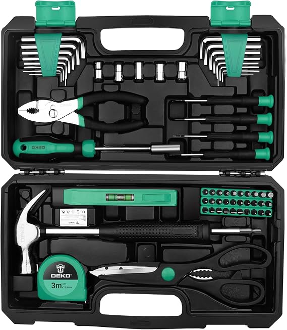 DEKO Tool Kit Set Box 62 Piece Home Repair DIY Tools Basic Hand Toolbox Sets for Home (Green)