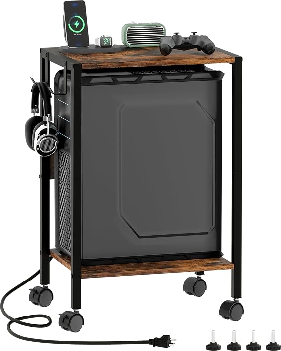 Akxomel 16.5" W Computer Tower Stand with Charging Station and USB Port, 2 Tier Mobile Floor PC Stand Fits Under Desk, Rolling Printer Stand with Hooks, CPU Holder Cart for Carpet, Home Office