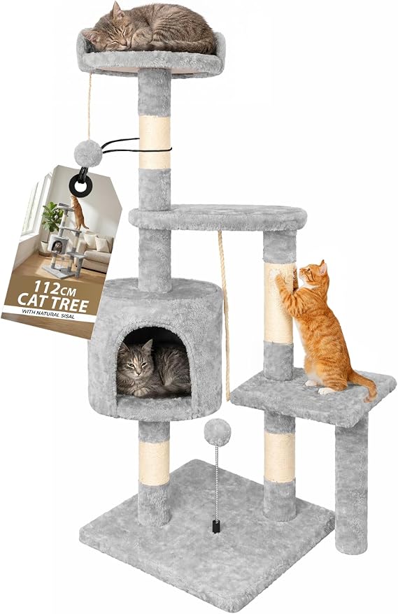 Rex & Roxy Cat Tree 112cm | Cat Scratching Post for Indoor Cats | Multi-Level Stable Cats Tower with Sisal Scratching Posts, Plush Toy Balls, Cave, Sisal Rope for Kitten Climbing, Playing | Grey