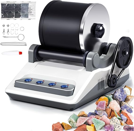 Zcvtbye Rock Tumbler Kit,Rock Polisher for Kids & Adults,Includes 2 Belts,Bag of Rough Stones,4 Coarse Grinding,Finely Ground,Polishing Grits