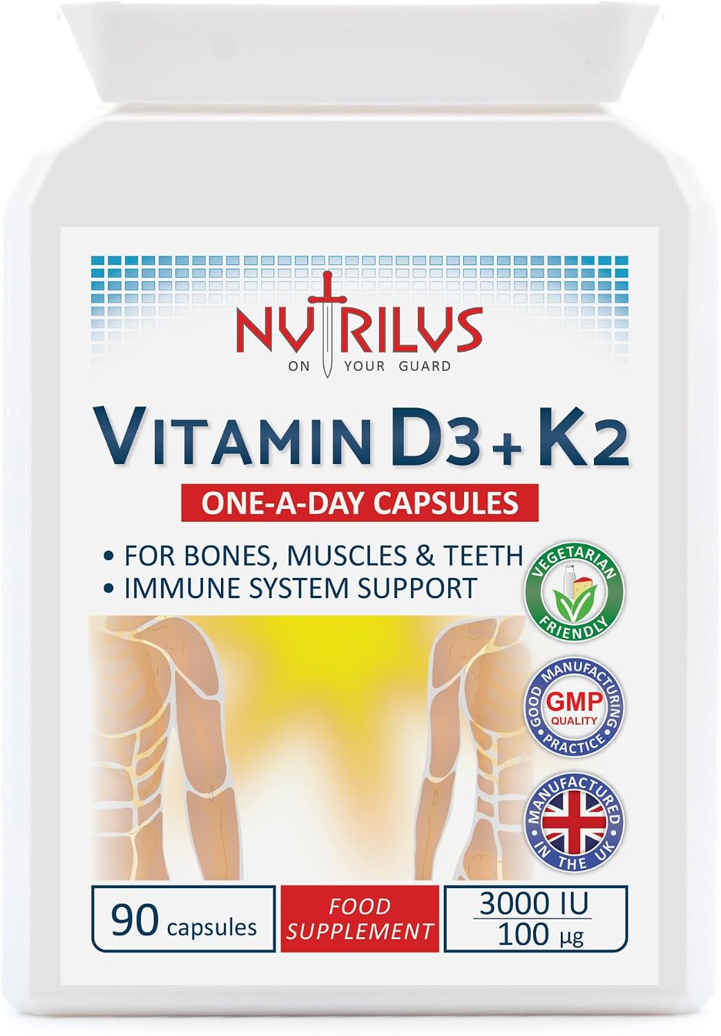 Vitamin D3 3000 IU and K2 MK-7 100mcg 90 Capsules - not Tablets - One Daily Supplement - Muscles - Bones - Teeth - Immune System