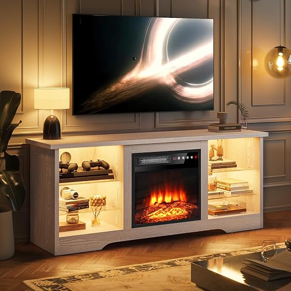 VITESSE 58 Inches Fireplace TV Stand for TVs up to 65 Inches Console with 18'' Electric Fireplace & Remote,Wooden Modern Entertainment Center for Living Room with LED Light Glass Shelves(Bei)