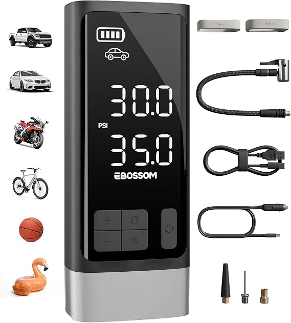 Portable Air Compressor, Compressor 150 PSI, Multifunctional Double Cylinder Motor Air Pump with 2500 mAh, Emergency Kit for Large Vehicles, Pickups, Engine. With LED Lighting and Automatic Stop