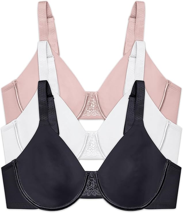 Vanity Fair Women's Beauty Back Smoothing Minimizer Bra, Sheer Quartz & Midnight Black & Star White, 36G