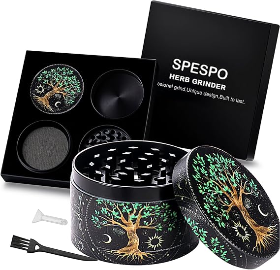 Herb Grinders, Large Spice Grinder 63mm(2.5 inch),4 Layers Full Color Painting Metal Grinder with Pollen Scraper (Tree Design)