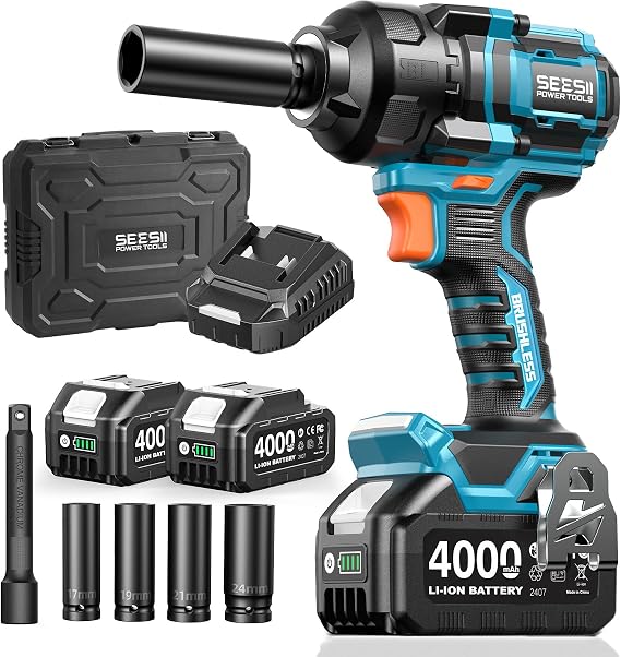 Seesii Impact Wrench 886 Ft-lbs(1200N.m), 1/2 High Torque Impact Gun with 21V 2x4.0Ah Battery, Electric Impact Driver, 2900IPM, 5 Socket, Cordless Impact Wrench for Home Car/Mower/Pickup/Truck RV