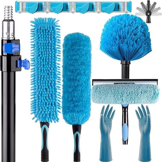 25 Foot High Ceiling Fan and Cobweb Duster with 18ft Extension Pole | Heavy Duty, Microfiber Feather, Window Squeegee Kit