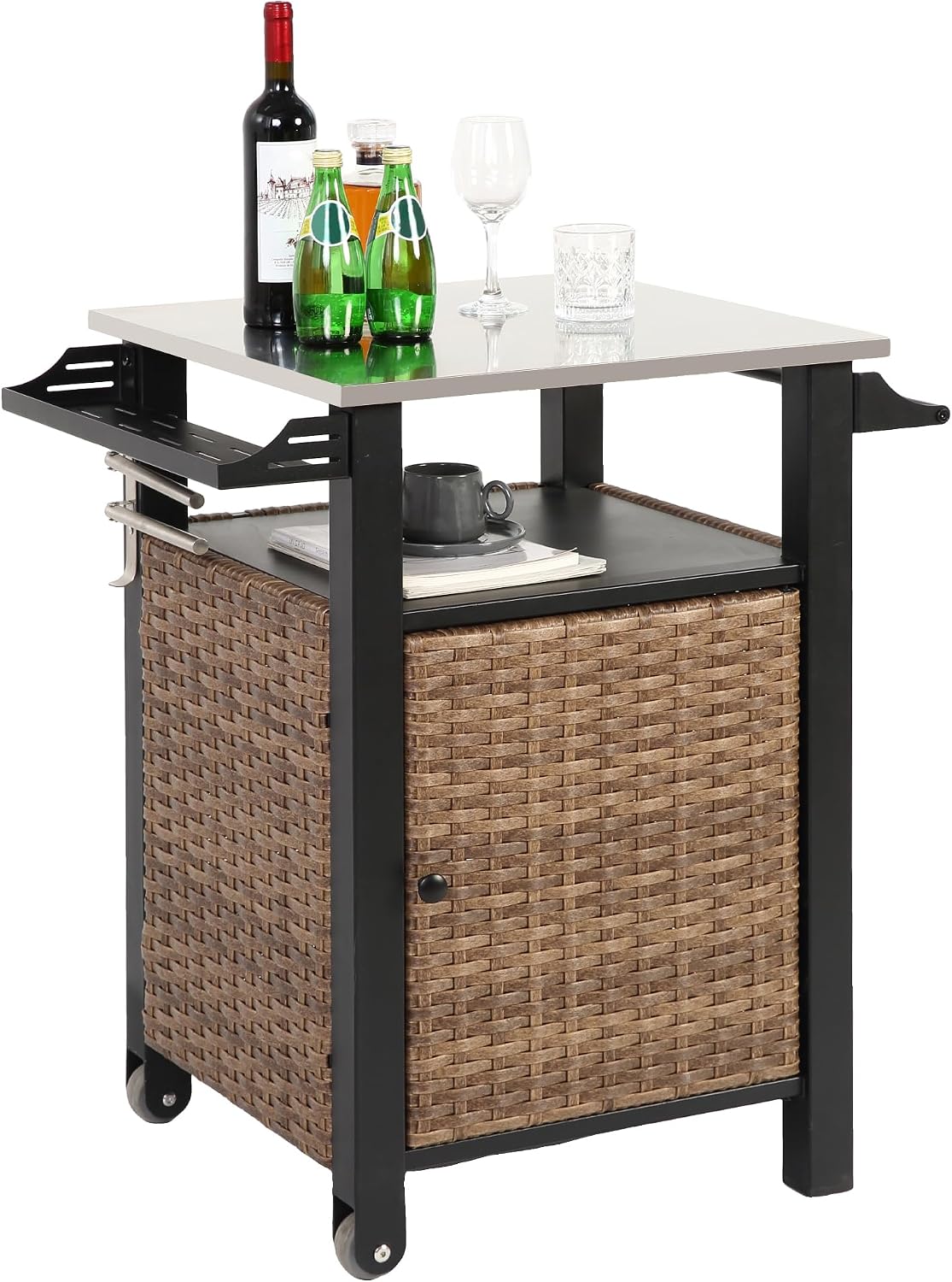 HOMEFUN Kitchen Island Cart Wicker Grill Prep Station & Stainless Steel Outdoor Serving Bar Table with Hooks Wheels Poolside Patio Grassland Small