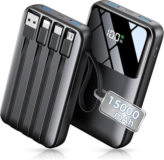15000mAh Portable Charger Power Bank, Smaller Built-in 4 Cables, 22.5W | 50% More Capacity, 45% Smaller, Slim Travel Essential Battery Pack, 30-Min Fast Charge to 50% for iPhone/Samsung, Black